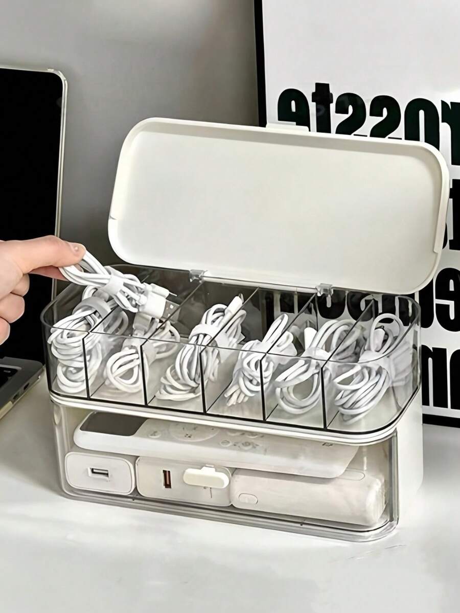1件式桌面理線器,手機充電線收納管理,分格理線捲線器,電源線收納盒 - 白色 - 查看 1
