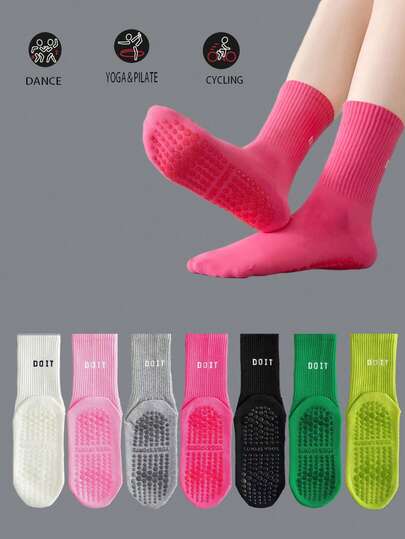 3/5/7 Pairs Of Anti Slip Letter Pattern Socks, Breathable Sports Fitness Yoga Pilates Mid Calf Socks, Professional Indoor Sports Fitness Yoga Dance Pilates Silicone Anti Slip Bottom Socks, Autumn