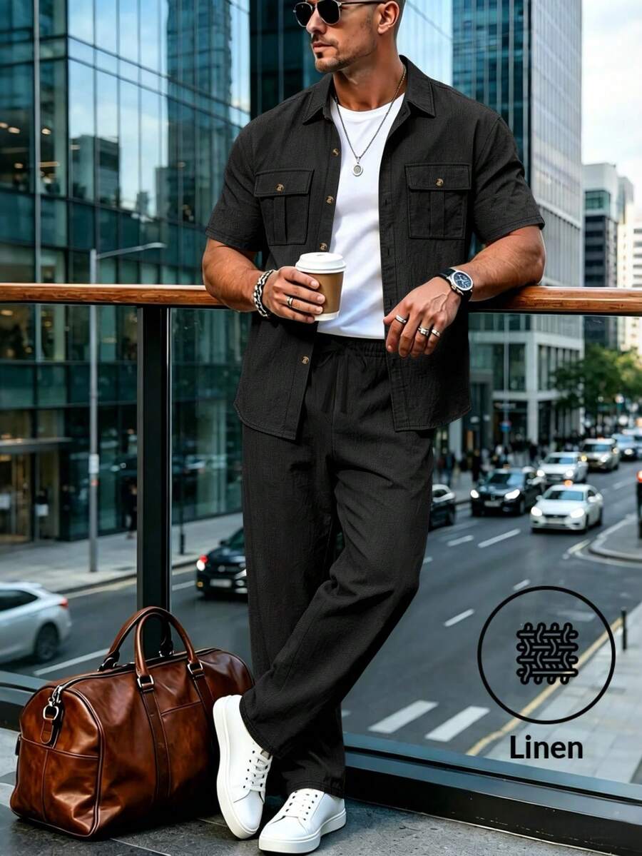 Men's 2 Pieces Linen Set, Summer New Men's Multi-Pocket Cargo Shirt Outfit, Loose Short Sleeve + Straight Leg Pants - Black - View 1