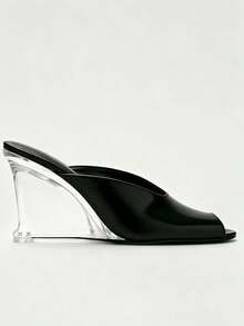 Black Matte Leather Peep-Toe Mule Transparent Crystal Wedge High Heel Sandals - Black - View 5