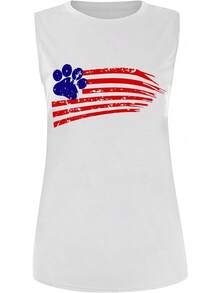 Mzkdieey - playera sin mangas para mujer, diseño patriótico de la bandera americana con estampado de huellas de perro para el 4 de julio, estilo casual, sin mangas, ajuste holgado - Blanco - Ver 4