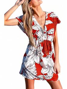 - Vestido corto de playa con cuello en V a rayas y cintura elástica para mujer - verde salvia - Ver 15
