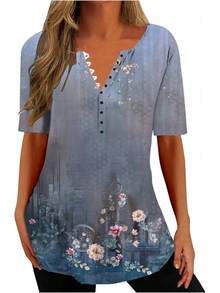 Ceboyel - Camisas Henley con estampado floral para mujer, cuello en V, sexy, casual, de manga corta, blusas elegantes para mujer - Blanco #25 - Ver 23
