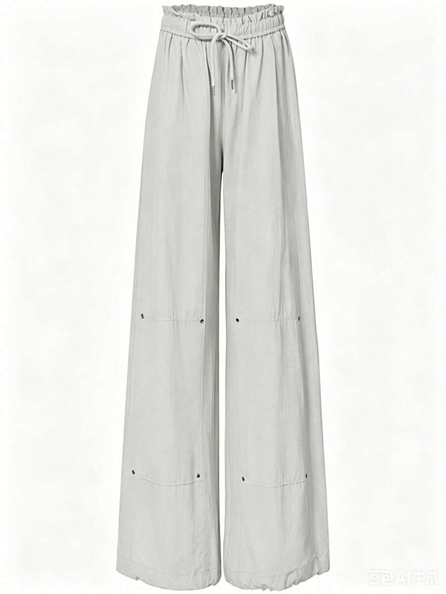 Conjunto de 2 piezas de mujer con top de cuello redondo minimalista de unicolor de manga corta y pantalones rectos de cintura alta, elegante para primavera/verano - Gris Claro - Ver 1