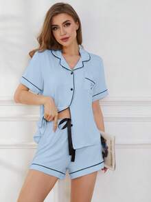Conjunto de pijama para mujer, cuello con solapa, manga corta, top con bolsillo en el pecho y pantalones cortos con cintura elástica, 2 piezas, ropa de dormir para mujer. - RQ02-Azul claro - Ver 6