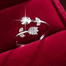 1pc Exquisite Rose Flower Shaped Open Adjustable Design Cubic Zirconia Inlaid Women's Ring Couple Gift Design - Multicolor - View 3