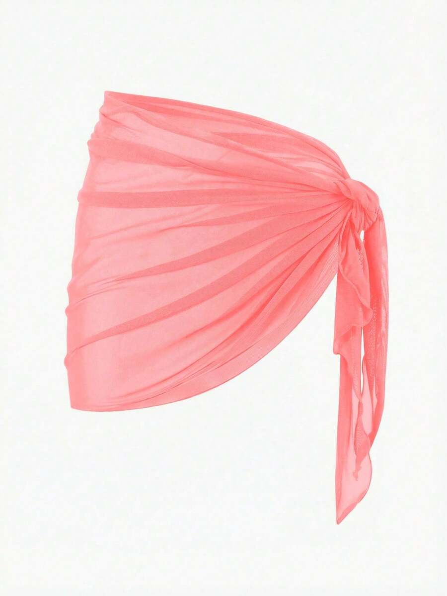 Solid Color Mesh Swim Basics Skirt For Beach And Resort, Ideal For Summer Beach Vacations. XUQA - Watermelon Pink - View 1