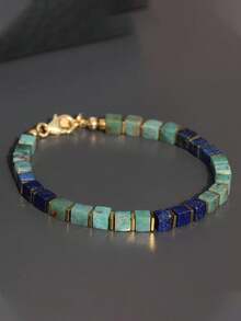 1PC Natural Lapis Lazuli Phoenix Stone Men's Bracelet, 4mm Square Beads, Metal Texture Clasp, Stone Bracelet, Suitable For Daily Wear Or As A Gift For Family And Friends. - Multicolor - View 2