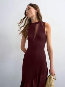 Vestidos elegantes para fiesta casuales para mujer punto canalé combinado tul estilo francés verano diseño exclusivo transparente largo - Rojo - Ver 4