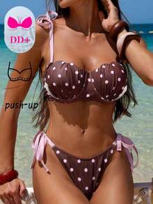 Voyashape Conjunto de bikini con sujetador con aros y relleno con forma de concha, tirantes y anudado en la cintura para mujer, estilo sexy talla DD+ - Marrón - Ver 3