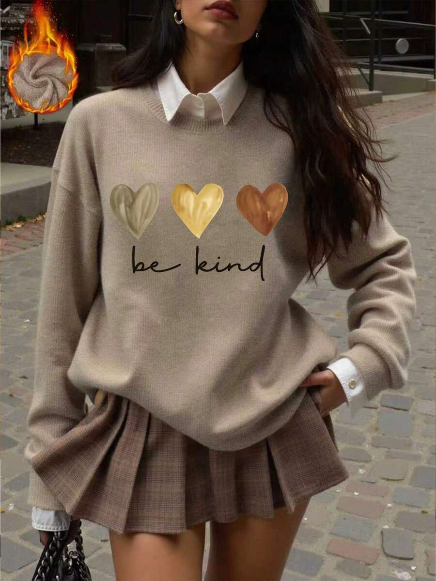 Plus Size Women's Casual Knit Sweater, Heart & Leopard Print, Long Sleeve Crew Neck Graphic Top, Spring/Autumn Casual Wear - Camel - View 1