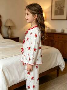 Set Piyama Lengan Panjang Anak Perempuan, Musim Semi, Gugur, dan Dingin, Motif Mawar Merah Klasik di Seluruh Permukaan, Pita Merah, Set Pakaian Santai 2 Potong - Merah - View 6