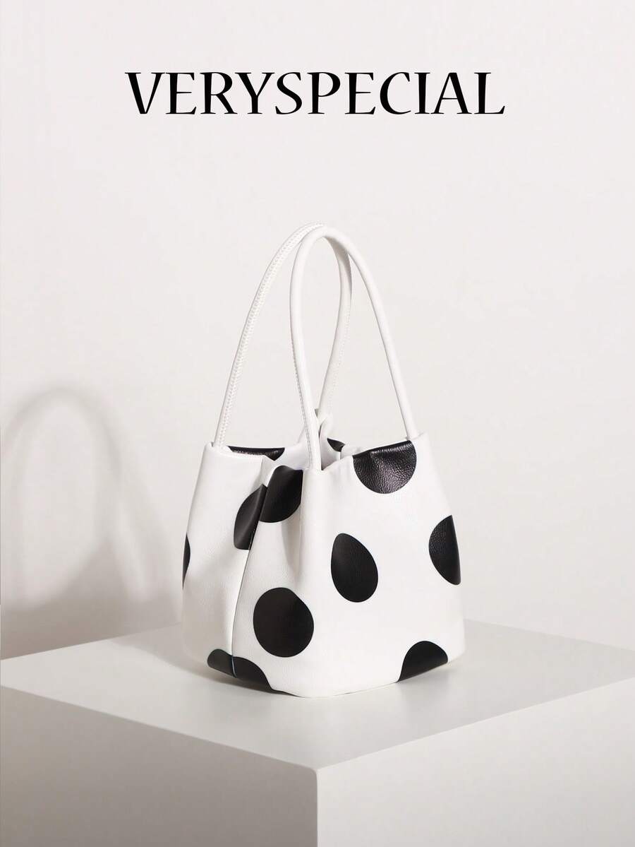 1 Stück hochwertige glänzende Öl-Leder-Textur Schwarz & Weiß Kontrast große Polka-Dot Handtasche, vielseitige Damen Polka-Dot Handtasche, modische minimalistische elegante multifunktionale klassische Polka-Dot PU-Material Multi-Form Tasche, geeignet für Pendeln, Büro, Dating, tägliches Einkaufen, Nachmittagstee und andere Anlässe