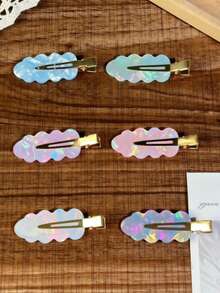 6PCS/12PCS Geometric Pattern Casual Korean Style Cloud Hair Clips For Women, Fashion Versatile Bangs Side Clips, Transparent Iridescent Hair Accessories - Multicolor - View 6