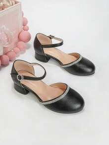 Girls' 30-37 Size Pointed Toe Rhinestone Hollow Ankle Strap Chunky Heel Pumps, New Fashion Party Wedding Style Solid Color Princess Shoes - Black - View 5