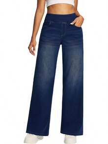 Heathyoga - Jeans de pierna ancha para mujer, cintura alta, pantalones holgados para mujer, pantalones de mezclilla elásticos de pierna recta, pantalones de mezclilla - Denim azul marino - Ver 8