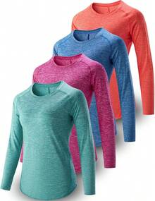 Paquete de 4 camisetas de manga larga para mujer con agujeros para el pulgar, camisetas de entrenamiento atléticas de ajuste seco con cuello redondo - Azul marino/blanco/negro/café oscuro - Ver 11