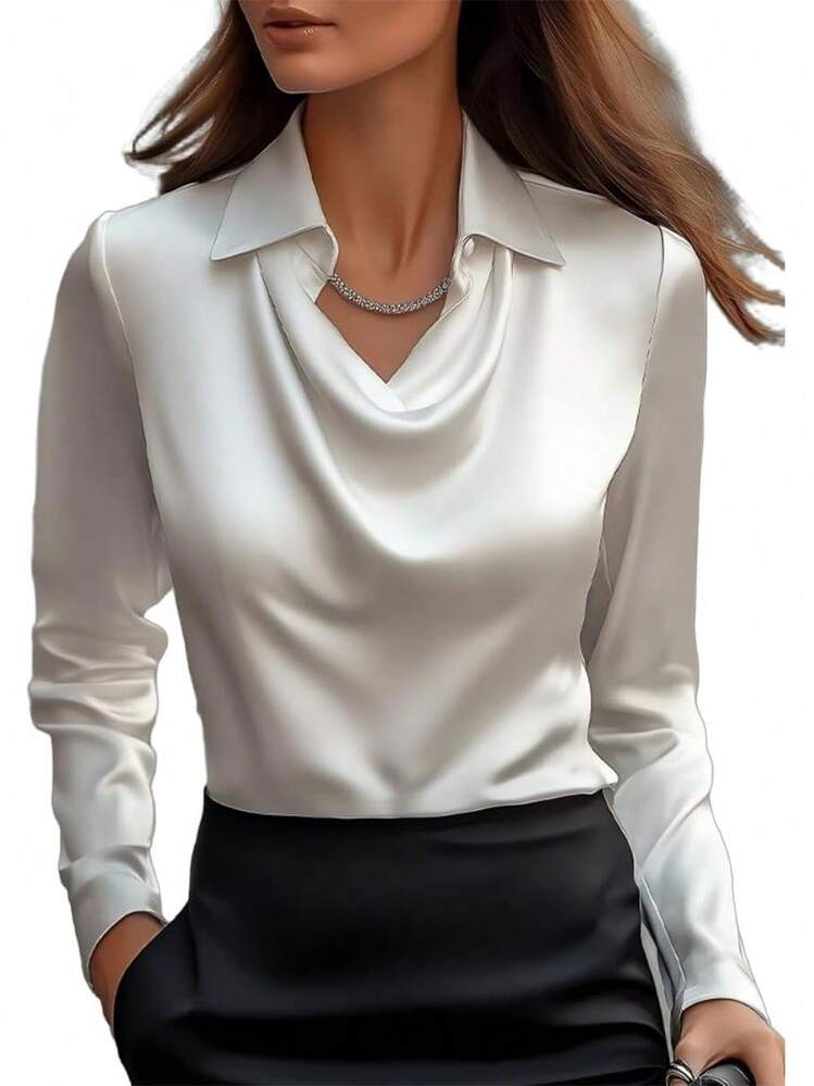 sa de satén con cuello dudete para mujer Genérico – Elegantes blusas de seda de manga larga, camisas de trabajo casuales y elegantes para oficina, invitadas de boda y atuendos escolares 2025 - Negro - Añade 19