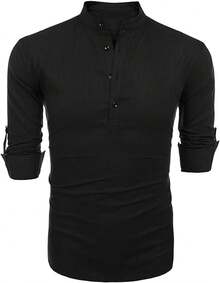 VictorFit Camisa de algodón y Lino para Hombre, Manga Larga, Estilo Hippie, Casual, para la Playa - Gris - Ver 4
