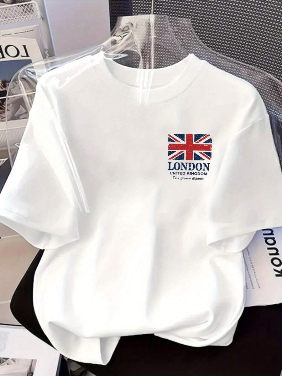Men's T-Shirt With British Flag Design And London Graphic - Union Jack Design With LONDON UNITED Text, Breathable, Short Sleeve, Popular Item. - 白色 - 查看 1