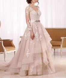 Tsbridal Vestidos de novia para mujer, línea A, cuello en V, encaje de tul sin espalda, vestido de novia bohemio - Estilo 6-Champán - Ver 3