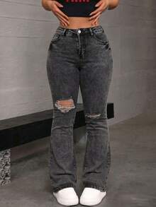 Washed Denim Flared Trousers With Rips, Mid-Rise, Fitted And Stretchy - Black and Gray - View 2