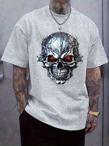 Men'S Plus Size T-Shirt Made Of 100% Featuring A Stylish Skull Design. A Comfortable Short-Sleeve Tee Perfect For Summer Wear - 白色 - 查看 7