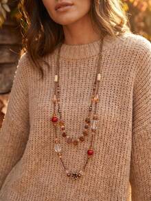 1pc Vintage Earth Tone Seed Bead Long Necklace, Asymmetrical Glass Layered Jewelry, Suitable For Autumn Aesthetic - Multicolor - View 2