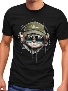 Navidad Eterna ®   Camiseta de hombre con estampado de gato, auriculares geniales, música, moda, estilo urbano WKGO - Negro - Ver 1