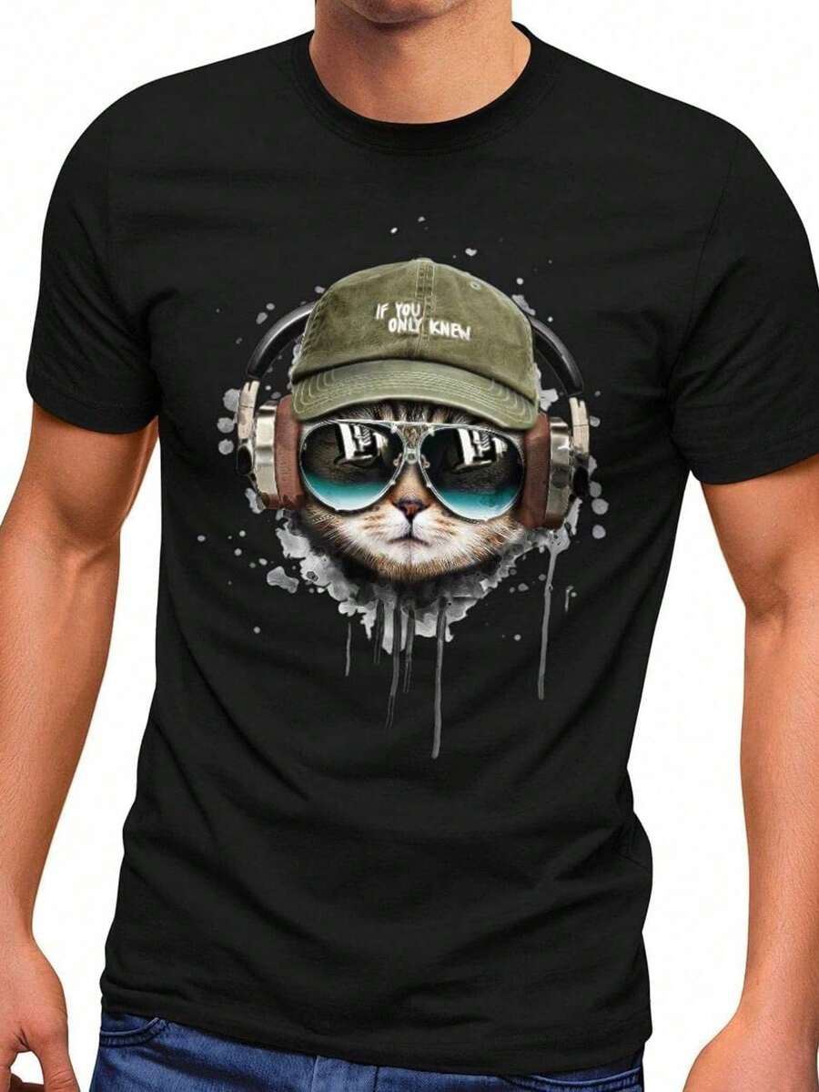 Navidad Eterna ® Camiseta de hombre con estampado de gato, auriculares geniales, música, moda, estilo urbano WKGO - Negro - Ver 1