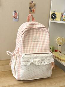 Gingham Spliced Mini Polka Dot Backpack With Lace Ruffle Trim And Side Bow, Lightweight College Student Backpack For Daily Commute & Back-To-School - Multicolor - View 20