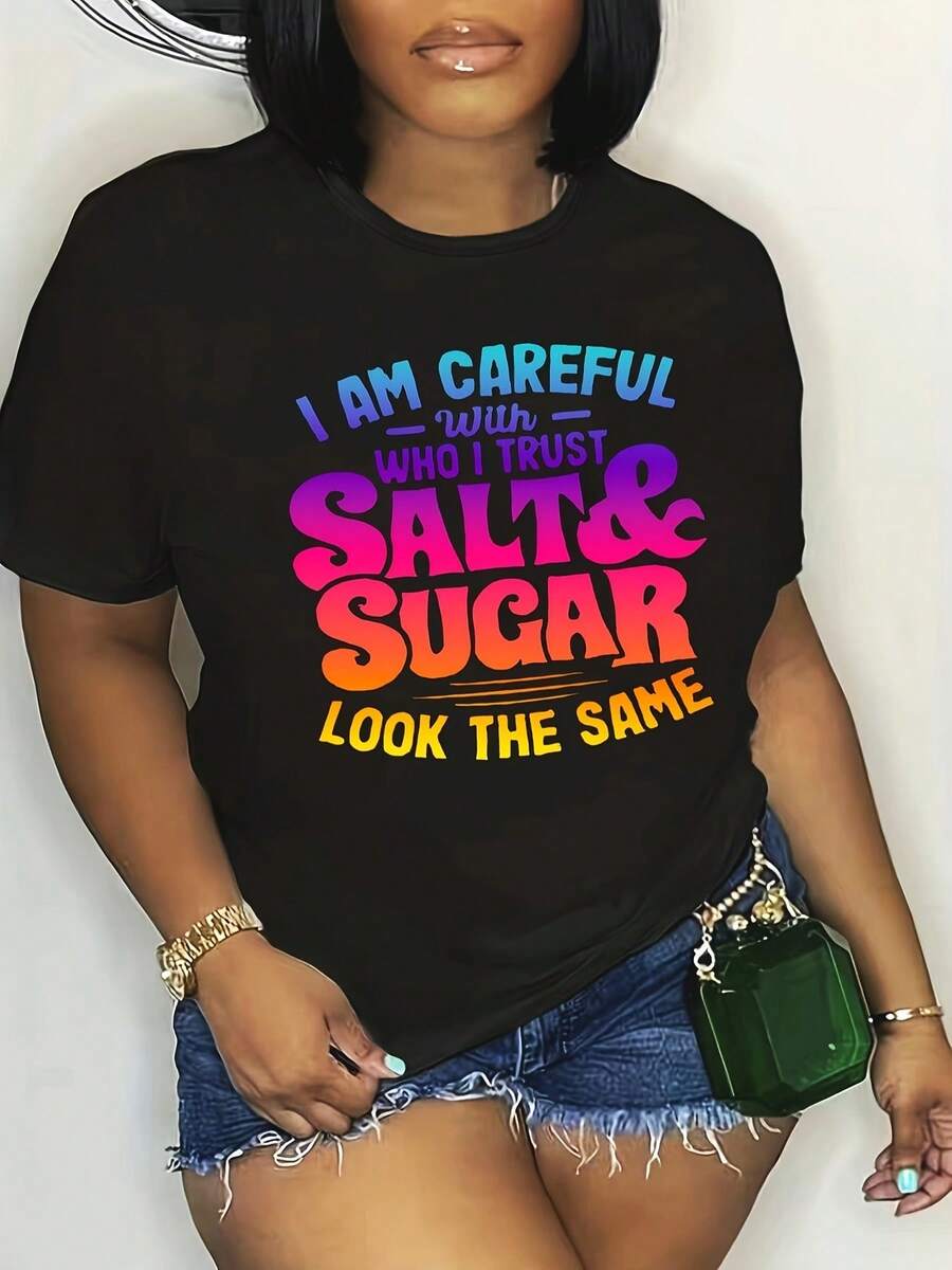 Camiseta de mujer% algodón, ropa de mujer de talla, camiseta de talla, top listo para usar, ropa exterior blanca para mujer, ropa de mujer con estampado en inglés, camiseta - Negro - Ver 1