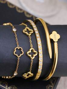 4pcs/Set/3pcs/1pc Evil Eye Gold-Tone Bracelets Stack | Enamel Blue Eye & Twisted Cable Design Bangle Set For Daily Casual/Party Fashion Jewelry - Yellow Gold - View 3