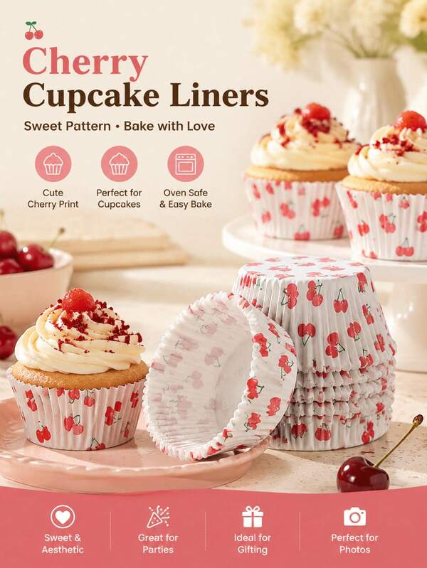 100 Peças Forminhas de Bolo com Estampa de Cereja, Suportes para Muffins e Bolos, Forminhas de Decoração para Sobremesas, Moldes de Sobremesa Estilo INS, Suprimentos de Decoração de Sobremesa para Festa de Aniversário e Chá da Tarde, Suportes de Bolo DIY para Cozinha Doméstica, Forminhas de Decoração para Exibição de Sobremesas de Festa, Acessórios de Cozinha de Estilo Luxuoso