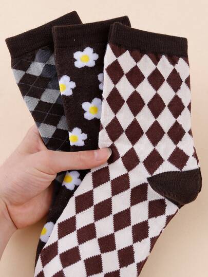 3 paires de chaussettes mi-mollet pour femmes, style rétro universitaire, motif floral à grille de diamants, col rond, couleur café Maillard