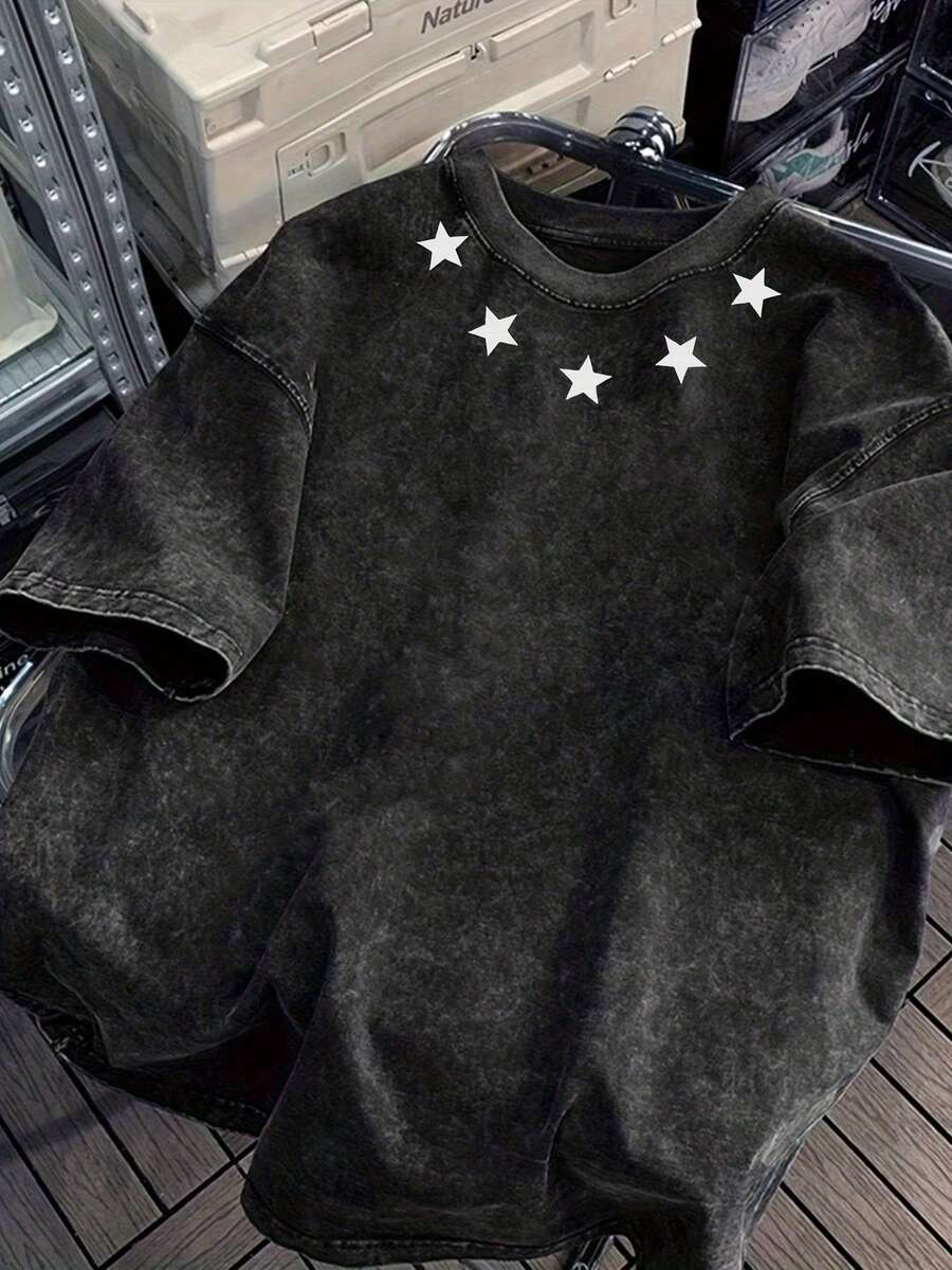 Camiseta de manga corta con cuello redondo, 100% algodón lavado, versátil, para hombre, con estampado informal de verano, modelo K01 - Negro - Ver 1