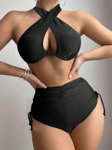 Swim Vcay Conjunto de bikini de verano para mujer 2026 de unicolor con escote halter y recortes sexy con aros, traje de baño - Negro - Ver 1