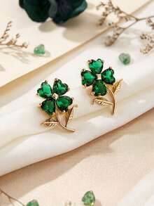 1 par de pendientes de botón con flor de trébol de strass verde esmeralda, joyería elegante para mujer para fiesta de noche - Pendientes de trébol - Ver 6