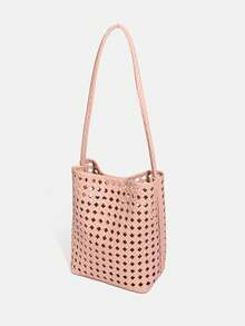 2026 New Pink Hollow Embossed Woven Bag, Women's Shoulder Bag With Small Bag, Large Capacity Bag, Vacation Travel Charm Versatile Leisure Bucket Bag - Pink - View 3