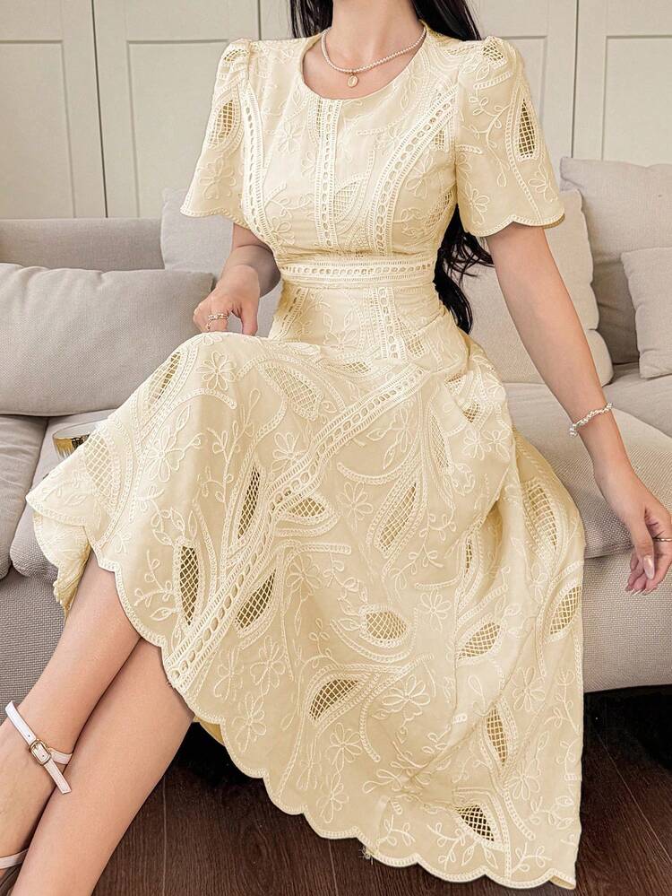 Vestido de verano de media longitud con cuello redondo, mangas de pétalo y encaje floral elegante para mujer - Azul - Añade 11