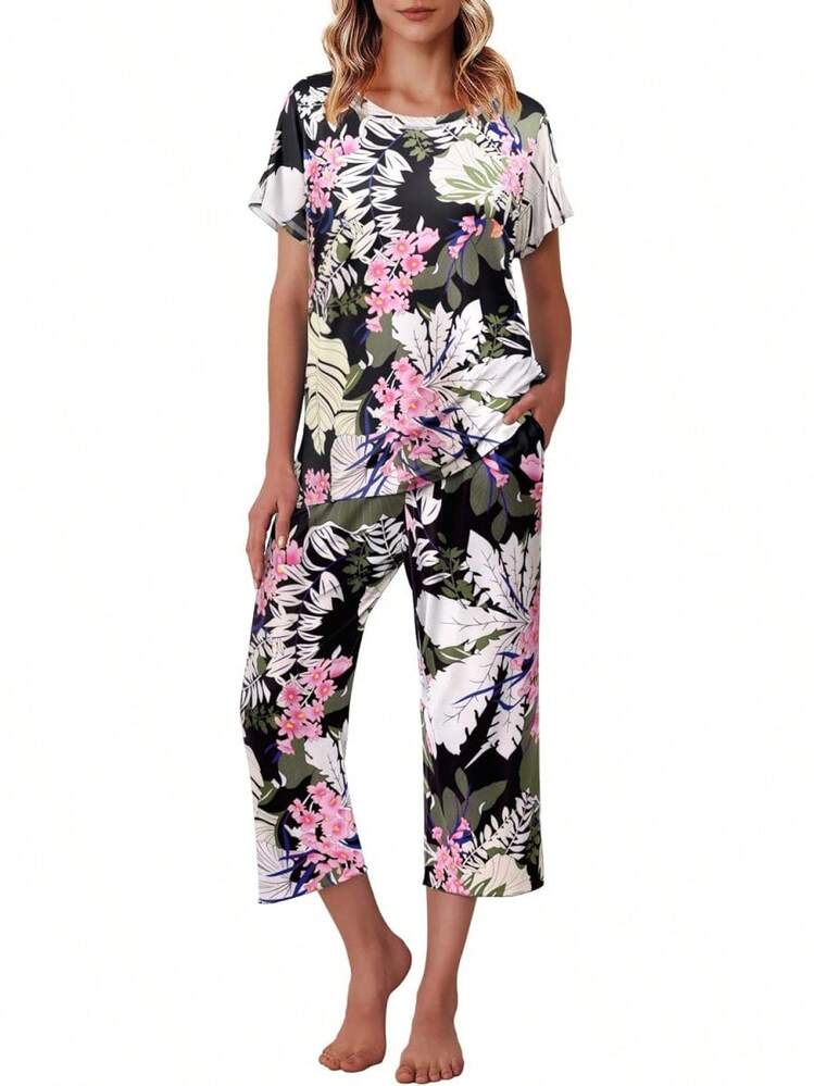 Conjunto de Pijama Capri para Mujer , Ropa de Dormir de Manga Corta, 2 Piezas, Cuello Redondo, Pijama Suave con Bolsillos - Flores marrones, negro - Añade 11
