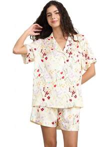 YiNi LuLu - Conjunto de pijama de satén de seda para mujer, 2 piezas, pijama de manga corta, de gran tamaño, con bolsillos - Conjunto corto de leopardo - Ver 10