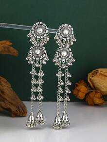 Bohemian Style Long Bell Tassel Pendant Earrings, Vintage Silver Rhinestone Floral Jhumka Earrings For Evening Party Wear - Tassel Style - View 11