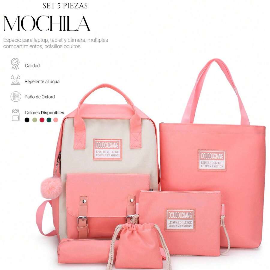 Shendy Vendy Backpack With Large Capacity, 5-Piece Set Fashionable Cool Youth Backpack Pencil Case Laptop School Student - MOD217 粉紅色 - 查看 1