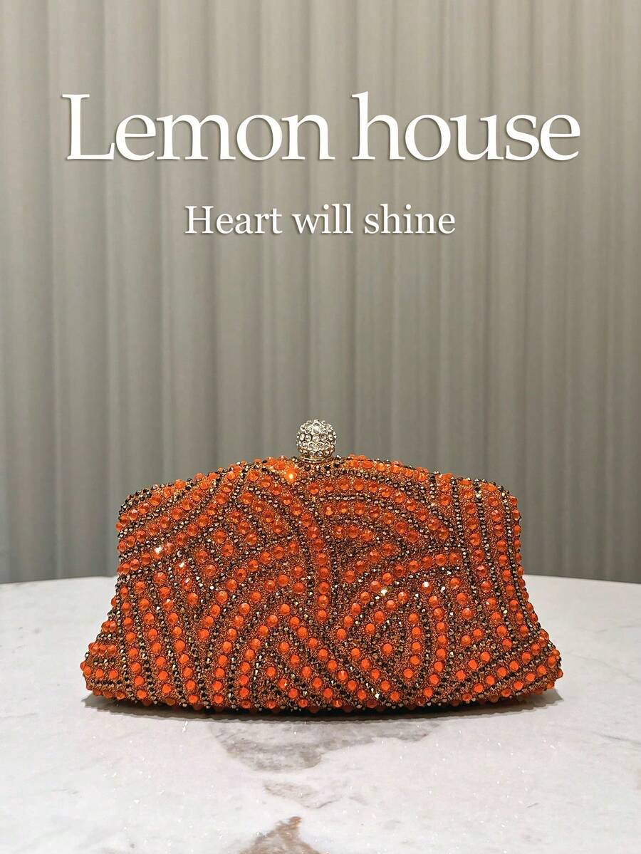 Evening Clutch With A Wavy Pattern, Fully Covered In Rhinestones, Spherical Crystal Clasp, Detachable Metal Chain, Various Colors, For Women, Weddings, Galas, Graduations - Orange - View 1