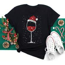 Feliz Navidad Árbol de Navidad Papá Noel Camiseta de Manga Corta de Moda para Mujer Talla Grande con Estampado de Dibujos Animados - Negro - Ver 1