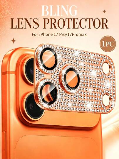 1pc Camera Lens Protector Film For IPhone 17 Pro/17 Pro Max, Shiny 3D Rhinestone Decor 9H Tempered Glass Anti-Scratch Full Coverage Lens Cover, Orange