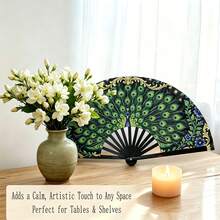 1/3/5pcs Foldable Portable Handheld Fan, Exquisite Peacock Print Pattern With Gold Foil Accents And Blue Floral Design, Premium Smooth Satin Fan Surface, Matte Black Textured Fan Bones, Multi-Scenario Use: Summer Cooling, Home Desktop Decor, Stage Photography Prop, High-End Gift, Suitable For Wedding Favors, Birthdays, Holidays, Anniversaries For Friends And Family - A - View 3