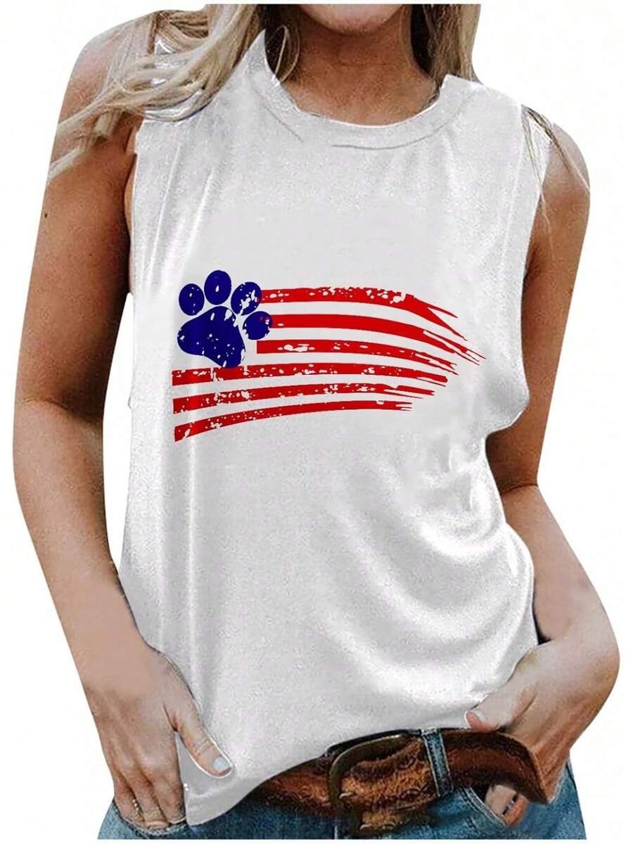 Mzkdieey - playera sin mangas para mujer, diseño patriótico de la bandera americana con estampado de huellas de perro para el 4 de julio, estilo casual, sin mangas, ajuste holgado - Blanco - Ver 1