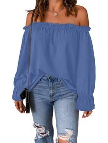 Spriolim - Blusa de gasa de manga larga con volantes y hombros descubiertos para mujer - 29 Boho Naranja - Ver 8